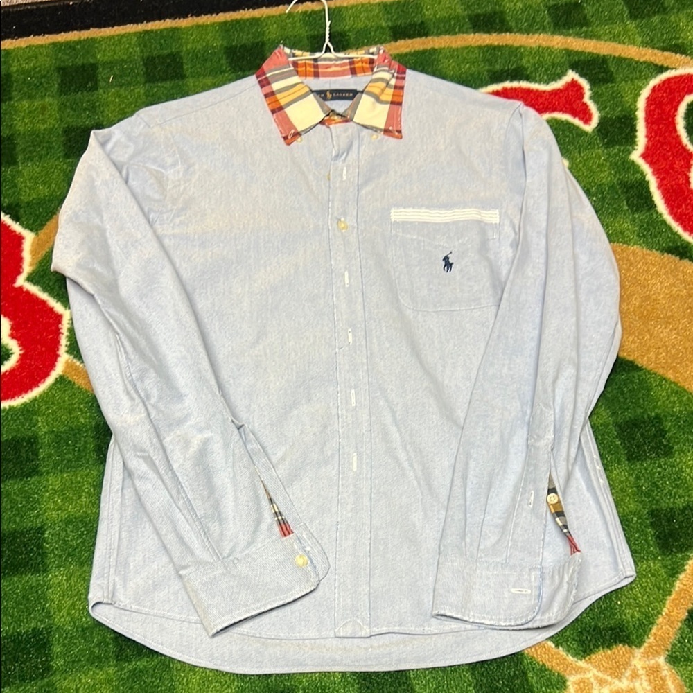 Ralph Lauren Blue Button-Up Shirt with Plaid Collar Sz S